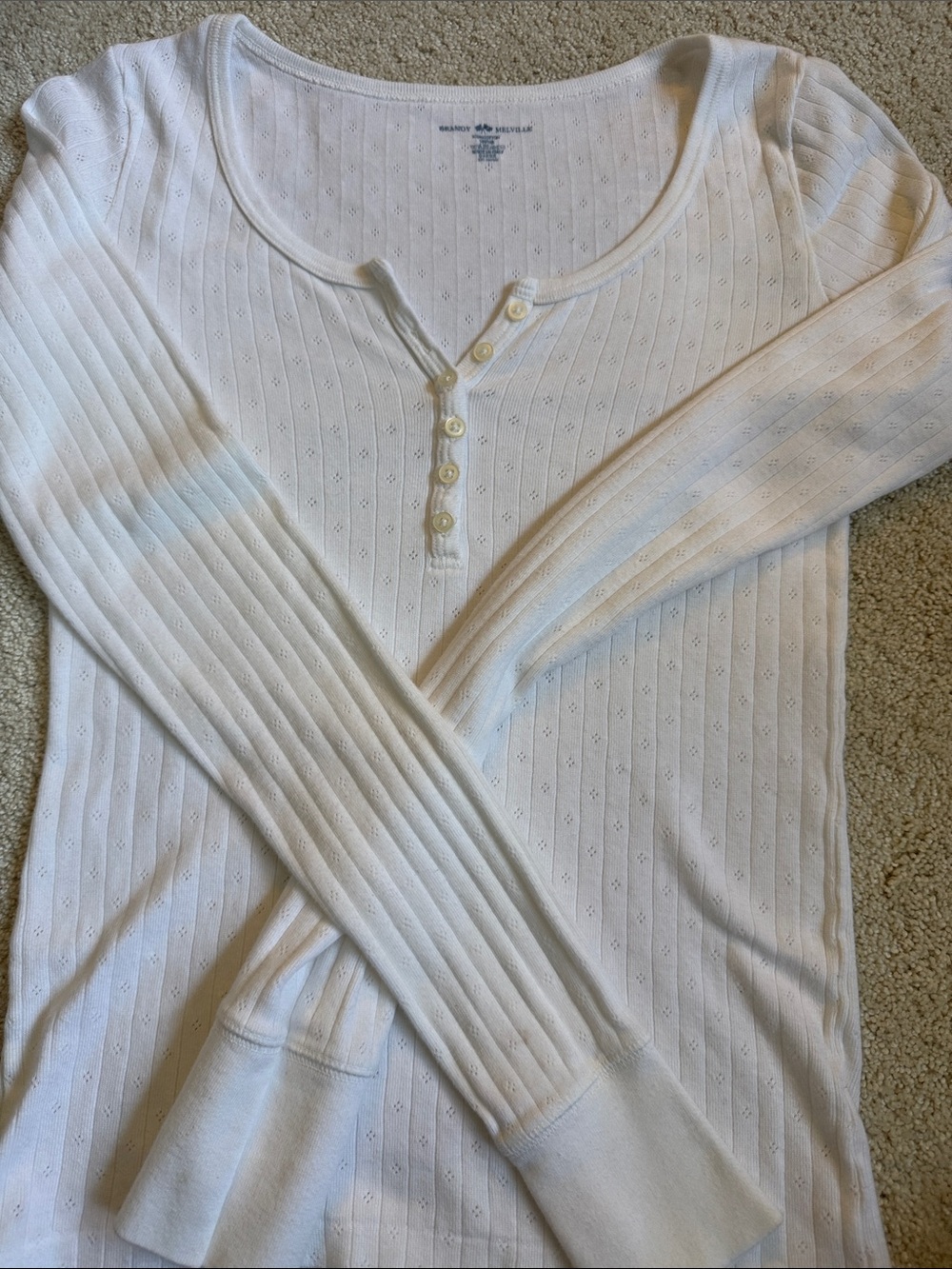 Brandy Melville White Ribbed Henley Long Sleeve Top